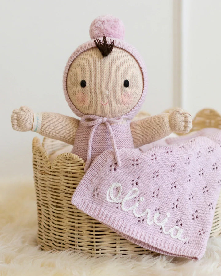 14-inch hand-knit first doll, Cuddle + Kind My First Baby in Lavender, a keepsake baby gift