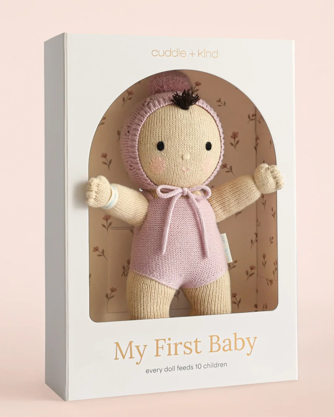 Heirloom knit baby doll Cuddle + Kind My First Baby in Lavender, handmade in Peru with natural cotton yarn