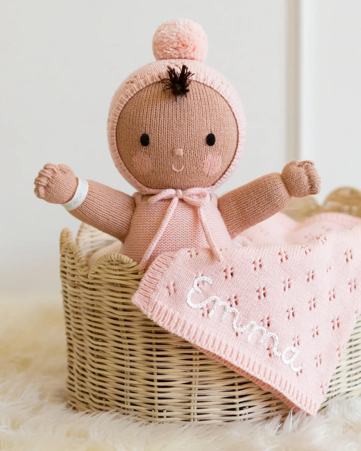 14-inch hand-knit first doll, Cuddle + Kind My First Baby in Peach, a keepsake baby gift