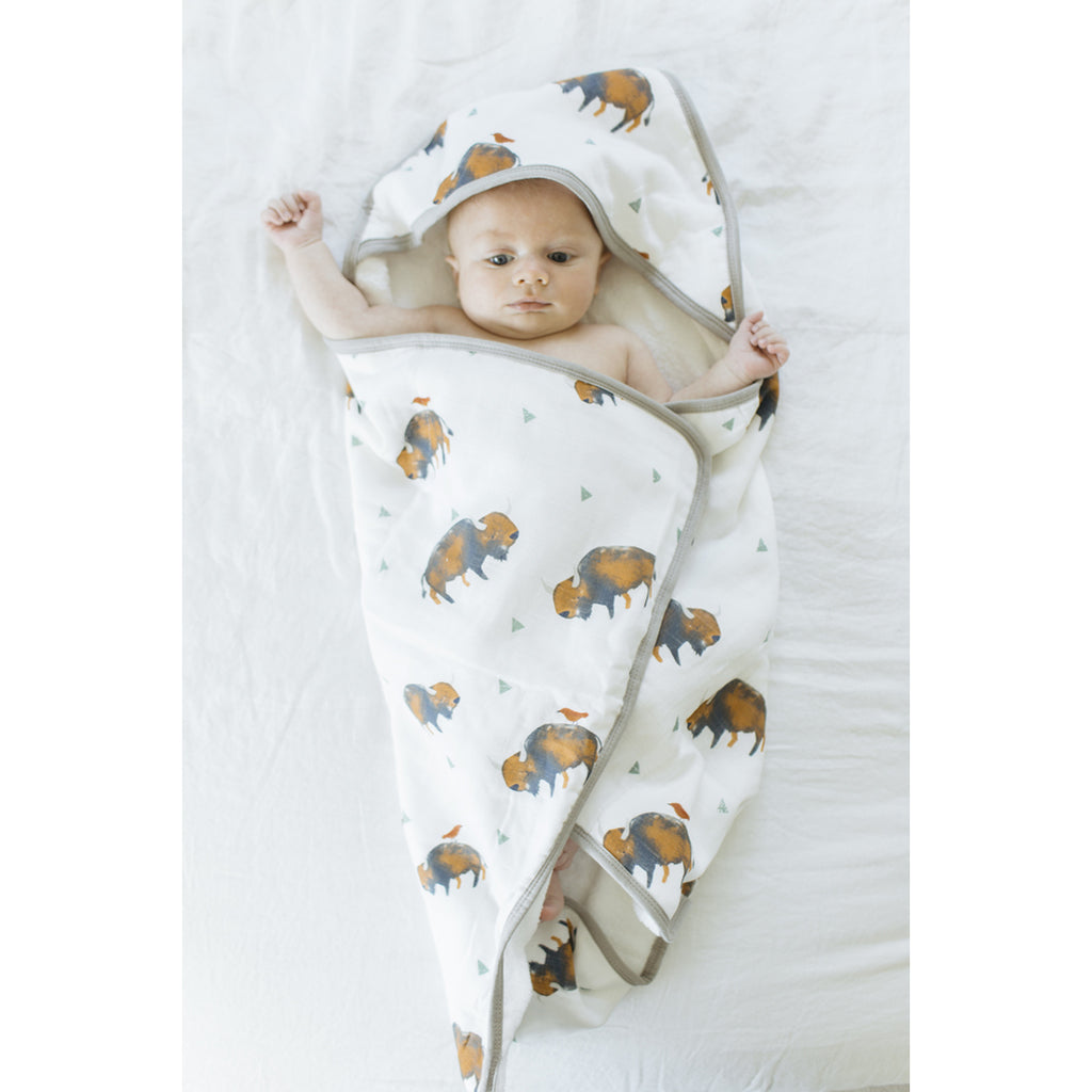 baby hooded bath towel and wash cloth with bisons by little unicorn