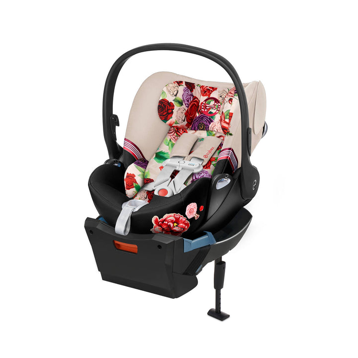 Cybex Cloud Q Infant Car Seat in Simply Flowers Pink—FAA-approved infant car seat for air travel convenience.