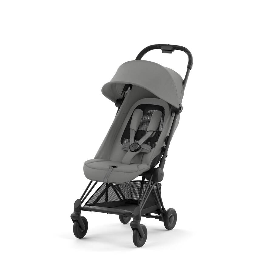 Sepia Black Cybex Coya, a sleek and compact stroller for traveling.