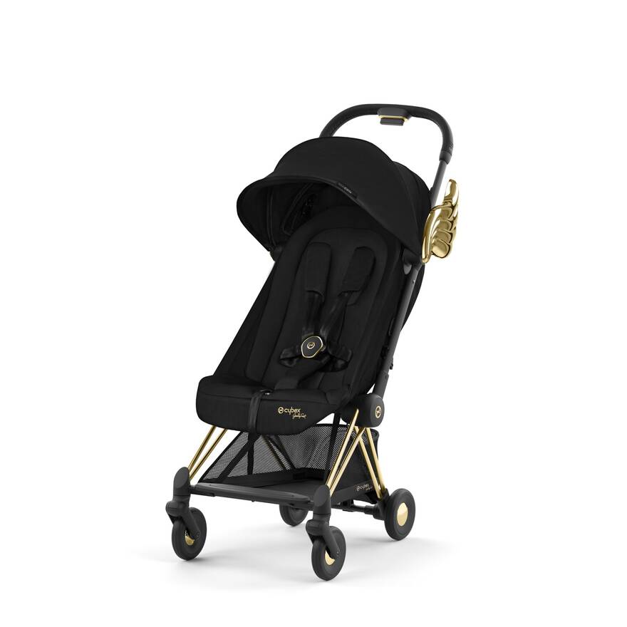 RoseGold and Pink Cybex Coya, offering a perfect stroller for traveling by plane.