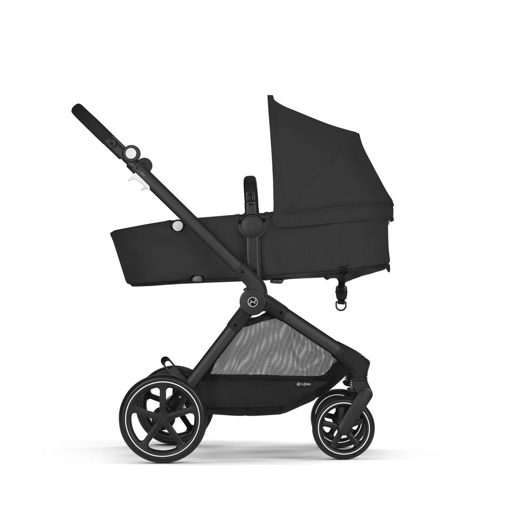 Cybex EOS stroller in Moon Black with a sleek, ergonomic design. 2 in 1 car seat stroller for modern families.