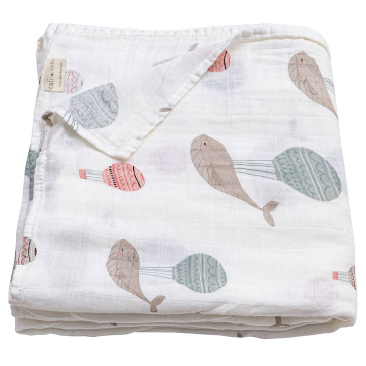 Ali+Oli bamboo muslin swaddle blanket whale print ultra soft baby swaddle made with bamboo and organic cotton breathable newborn blanket