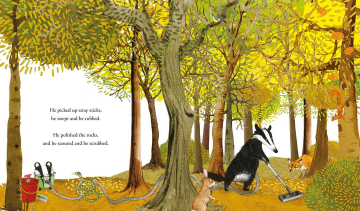 Pete the badger wanders among tall trees in this Tidy hardcover illustration, Simon & Schuster