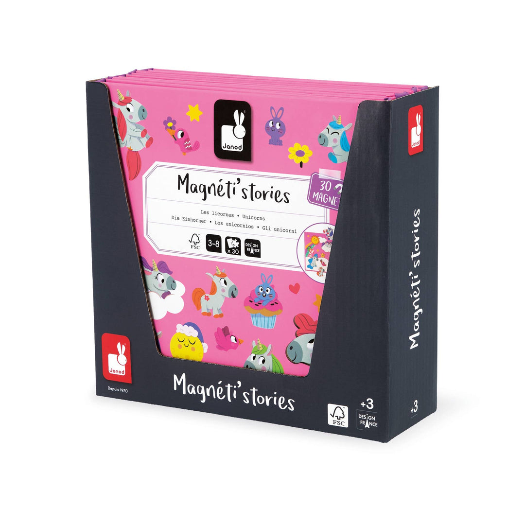 Educational magnetic toys: back-of-box for Janod's Magneti'stories Unicorns playset
