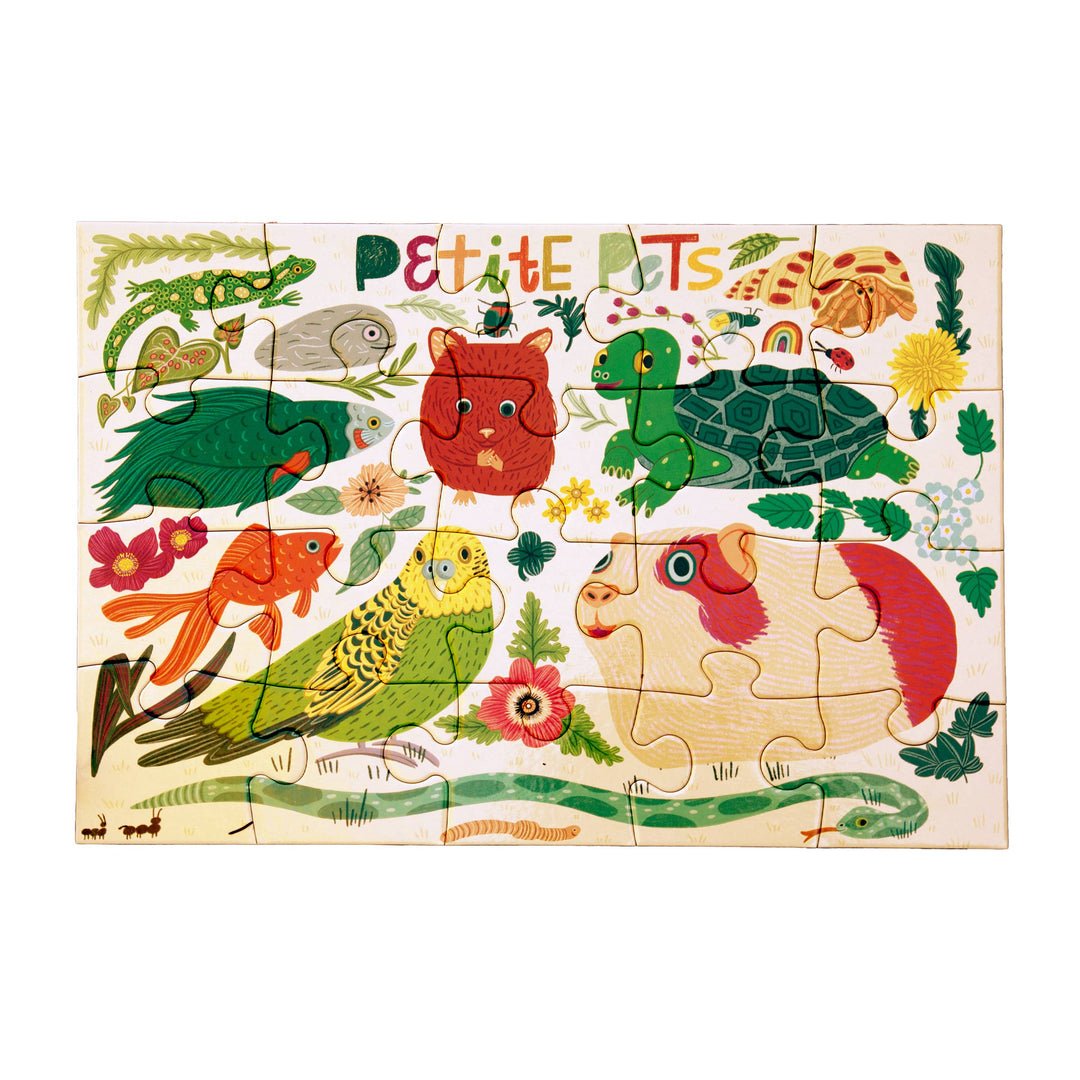 eeBoo Petite Pets 20-piece kids jigsaw puzzle pieces spread out on white surface