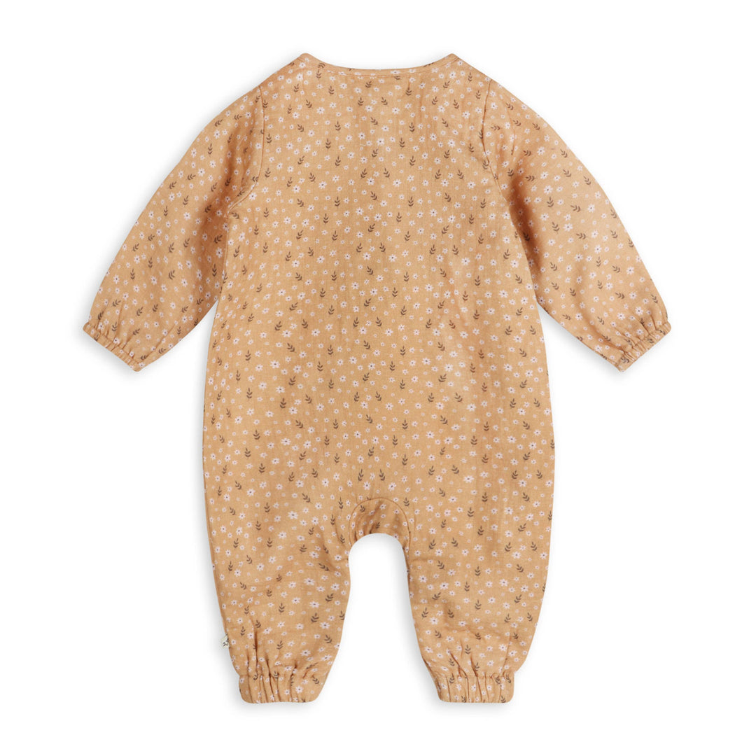 Viverano Organics floral baby jumpsuit - lined organic muslin, Mustard