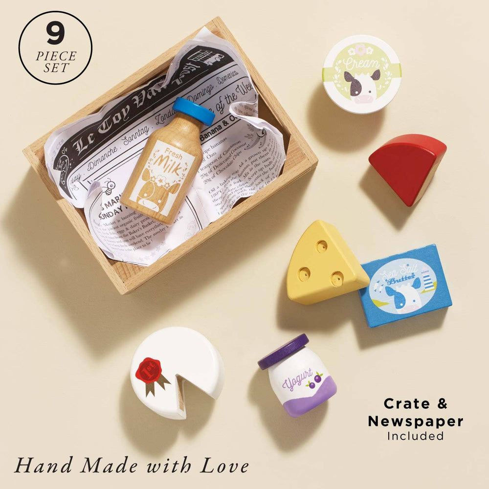 Pretend grocery adventures come alive with the Le Toy Van Cheese & Dairy Wooden Market Crate, a kid toy for children.