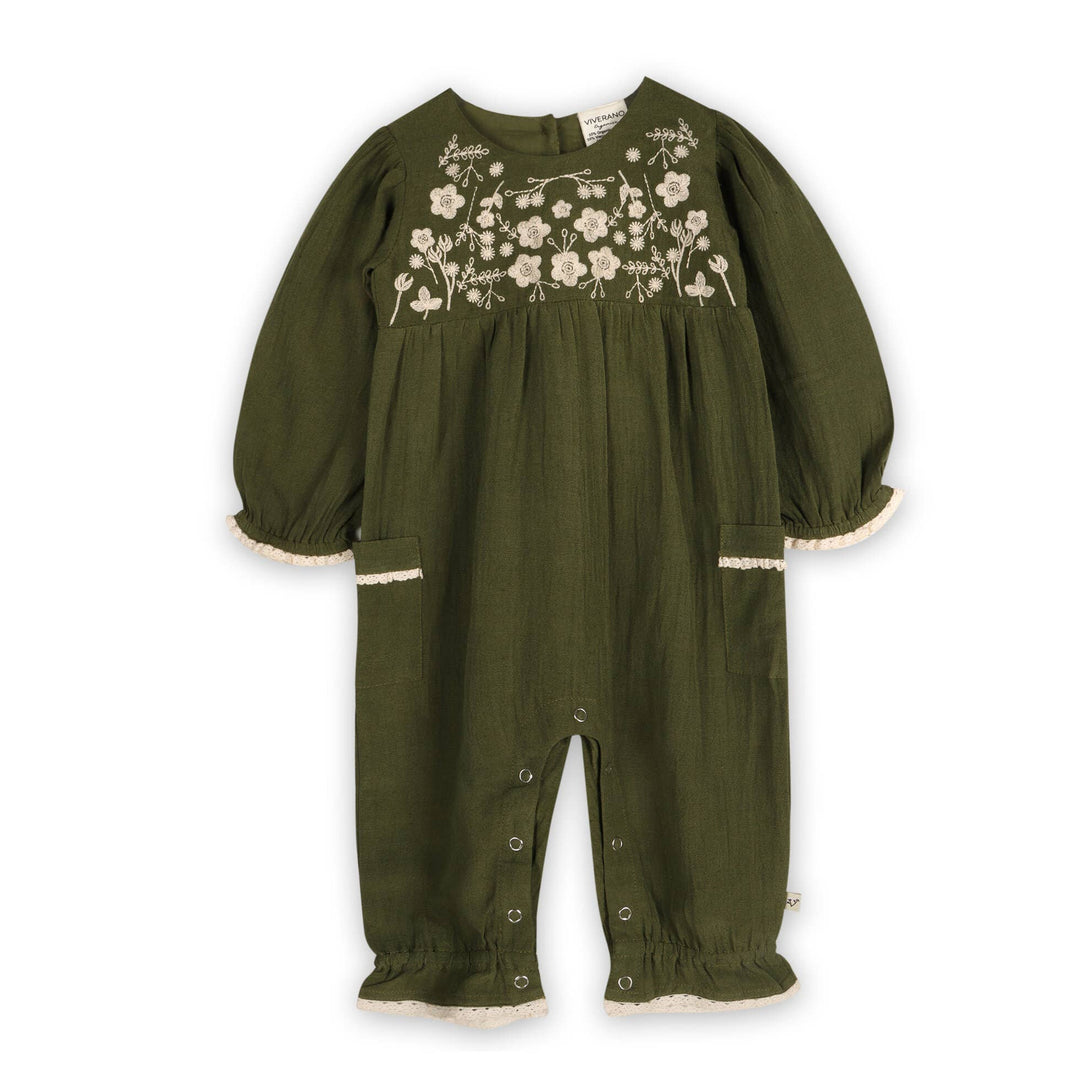 Viverano Organics Olive Green baby romper jumpsuit with floral embroidery on a white background