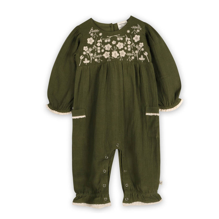 Viverano Organics Olive Green baby romper jumpsuit with floral embroidery on a white background