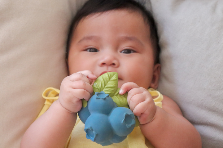 A baby chews on the Jerry the Blueberry teether from Oli & Carol during teething