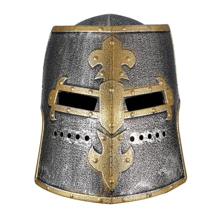 Souza Medieval helmet with gold accents and a moveable visor