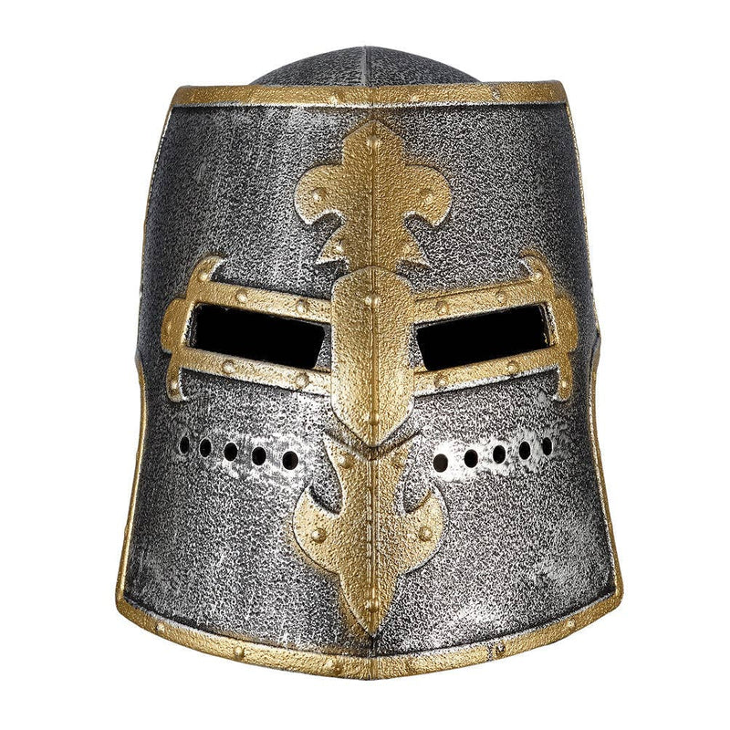 Souza Medieval helmet with gold accents and a moveable visor