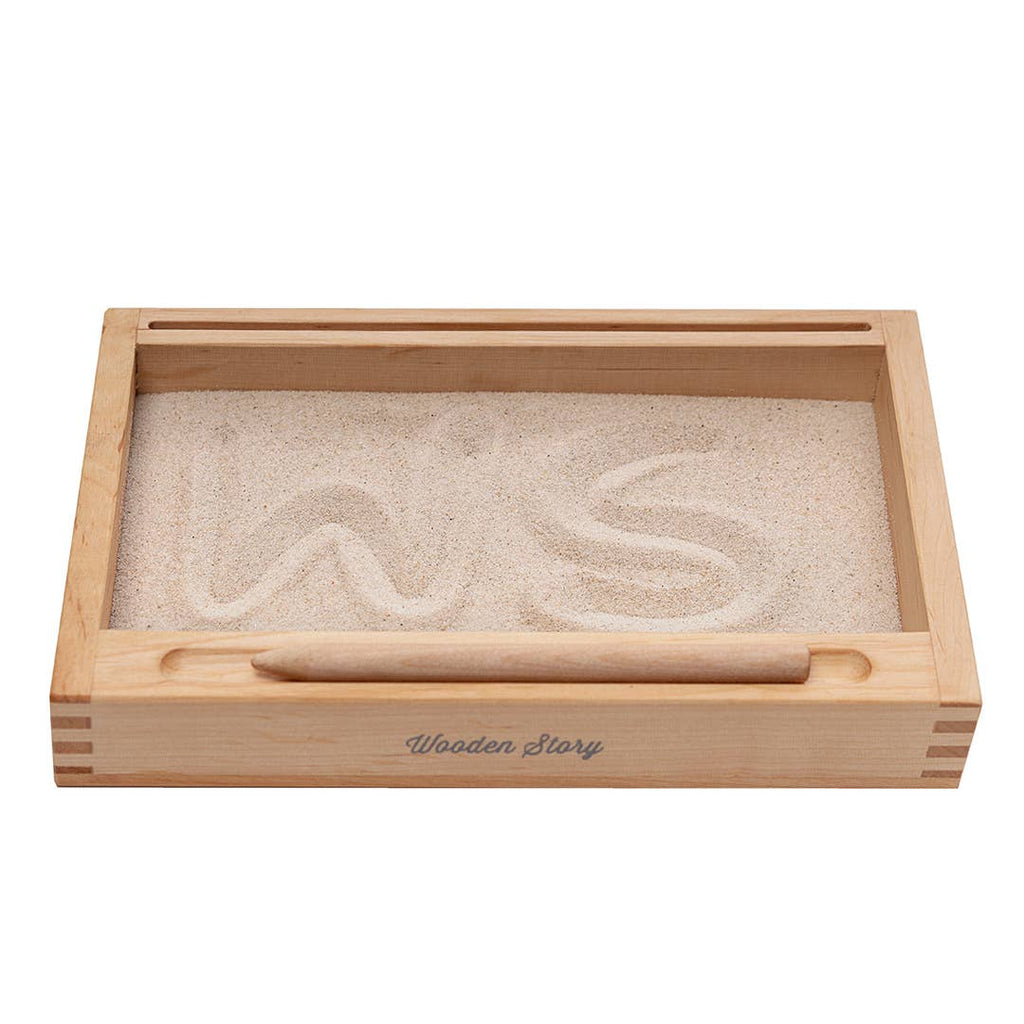 Wooden Story educational toy, Montessori Sand tray with flashcard holder