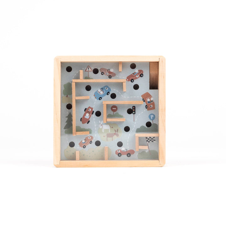 This car themed Mini Wooden Labyrinth from Egmont features a road maze with small steel balls