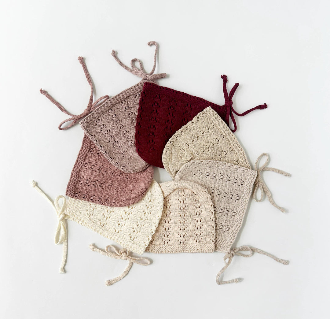 Olive & Cradle Jamie Knit Bonnet – soft cotton knit baby bonnet in neutral cream, front view