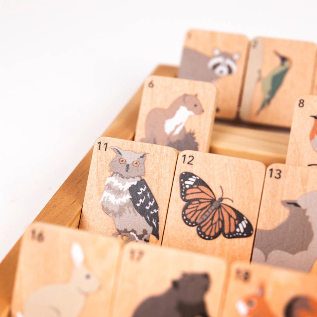 Egmont's Who Am I tiles appear on display, showing a butterfly, raccoon, and rabbit up close
