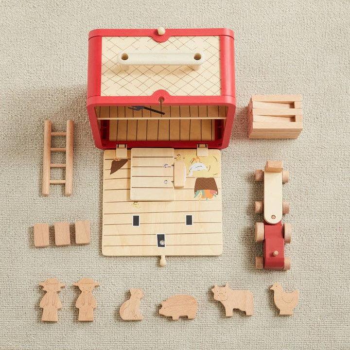 Wonder & Wise portable wooden farm playset for toddlers ages 3 and up with animals and vehicles
