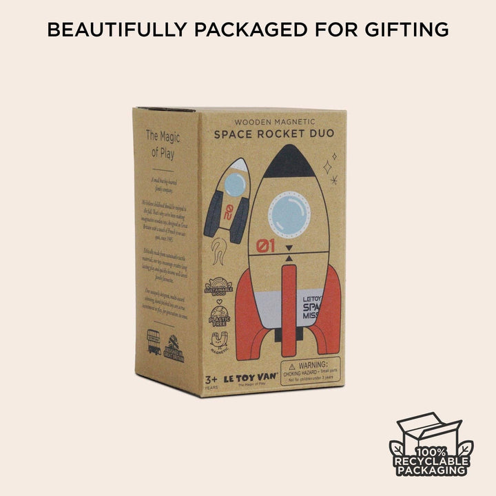 Kraft gift box packaging for Le Toy Van Magnetic Space Rocket Duo, birthday present idea for space loving boys and girls