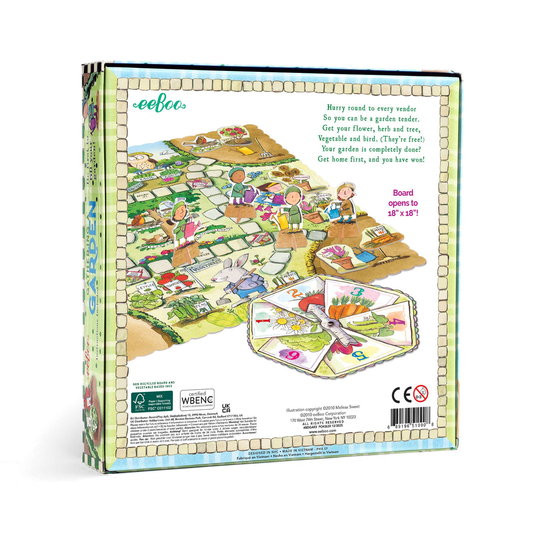 eeBoo Gathering a Garden board game open showing game board flowers vegetables and pieces