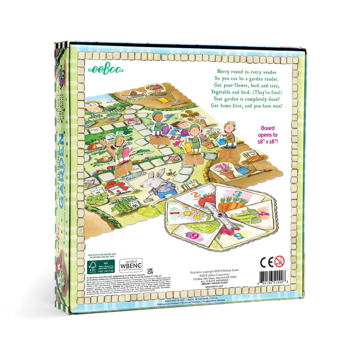 eeBoo Gathering a Garden board game open showing game board flowers vegetables and pieces