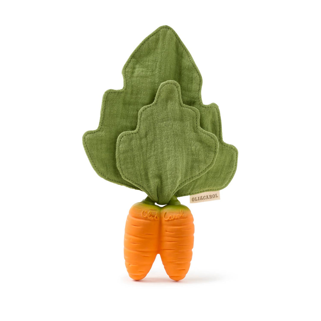 Oil & Carol Cathy the Carrot mini doudou teether, soft baby comfort toy with carrot teether for sensory play and teething relief