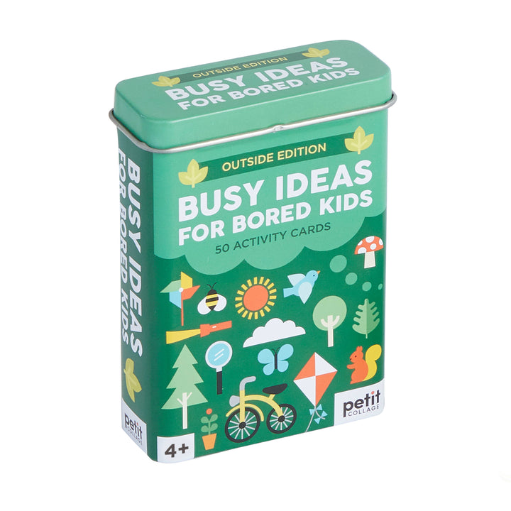 Chronicle Books Busy Ideas for Bored Kids Outdoor Edition flip top tin packaging for kids activity cards