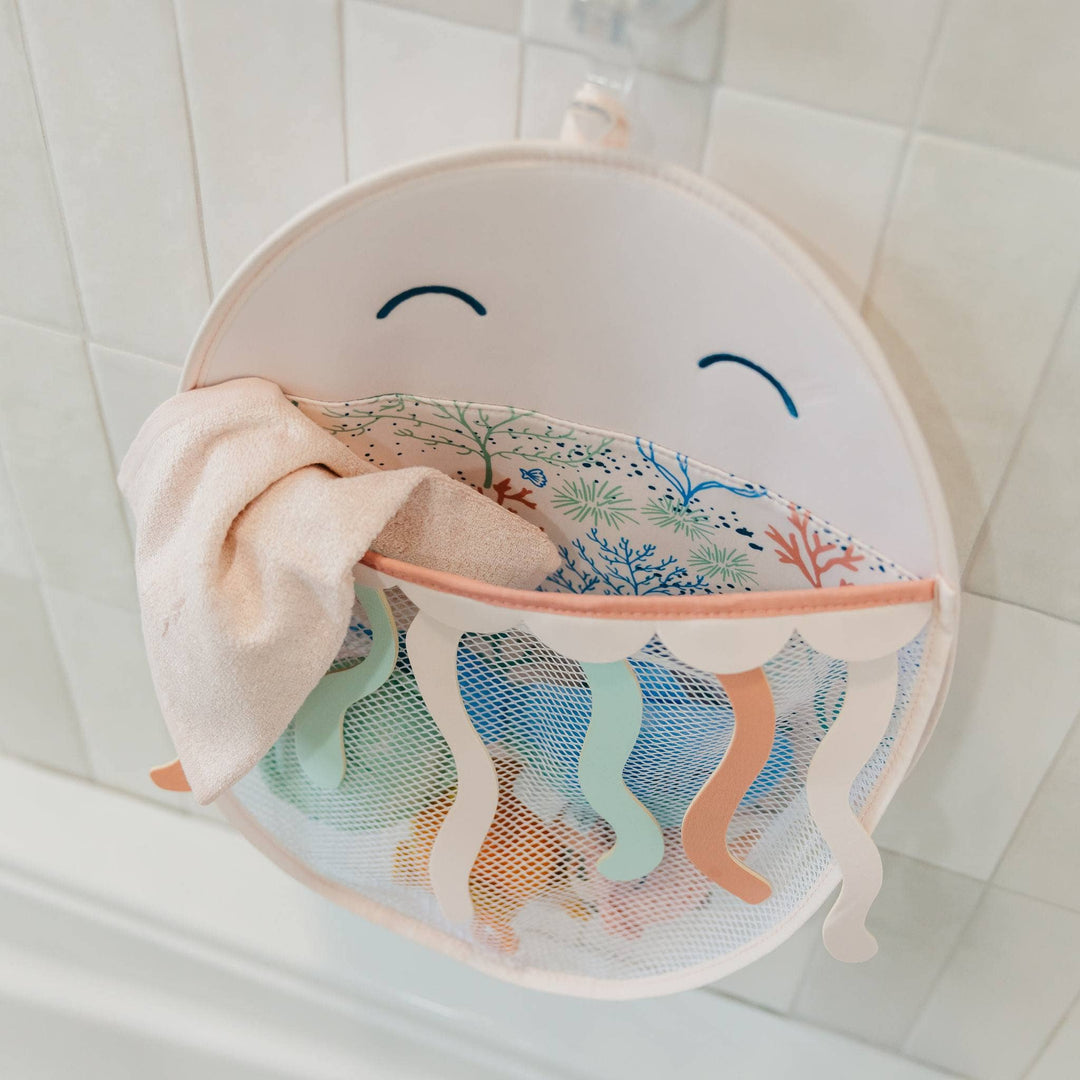 Copper Pearl bath caddy with toys inside, mesh organizer for toddler bath toys and easy cleanup