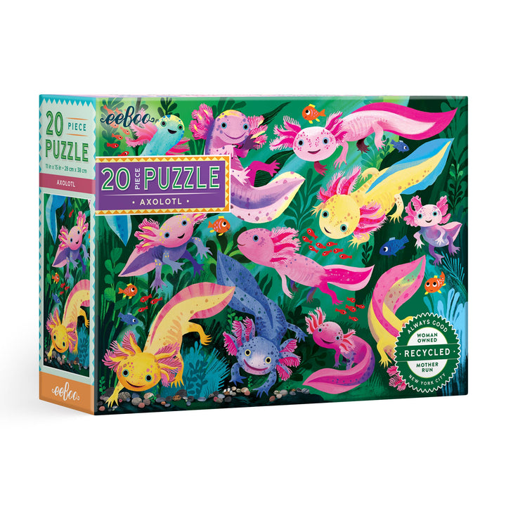 eeBoo Axolotl 20 Piece Puzzle box featuring colorful axolotl salamander illustration