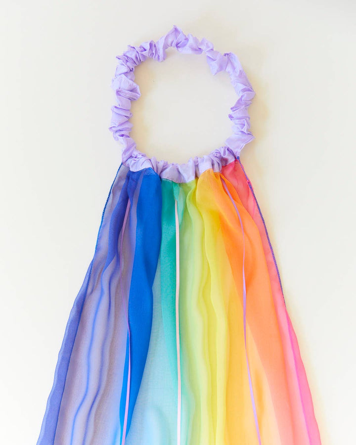 Sarah's Silks Rainbow Veil flat lay, a top rated kids toy showing the lavender garland closeup