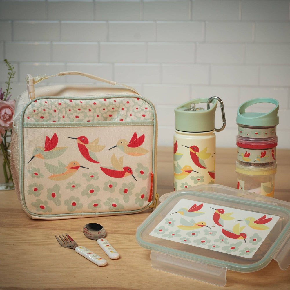 view of coral and sage insulated kids lunch box, water bottle, and thermos with bird pattern showcasing matching back to school set 