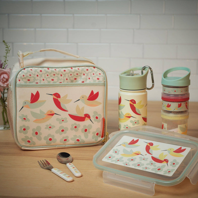view of coral and sage insulated kids lunch box, water bottle, and thermos with bird pattern showcasing matching back to school set 