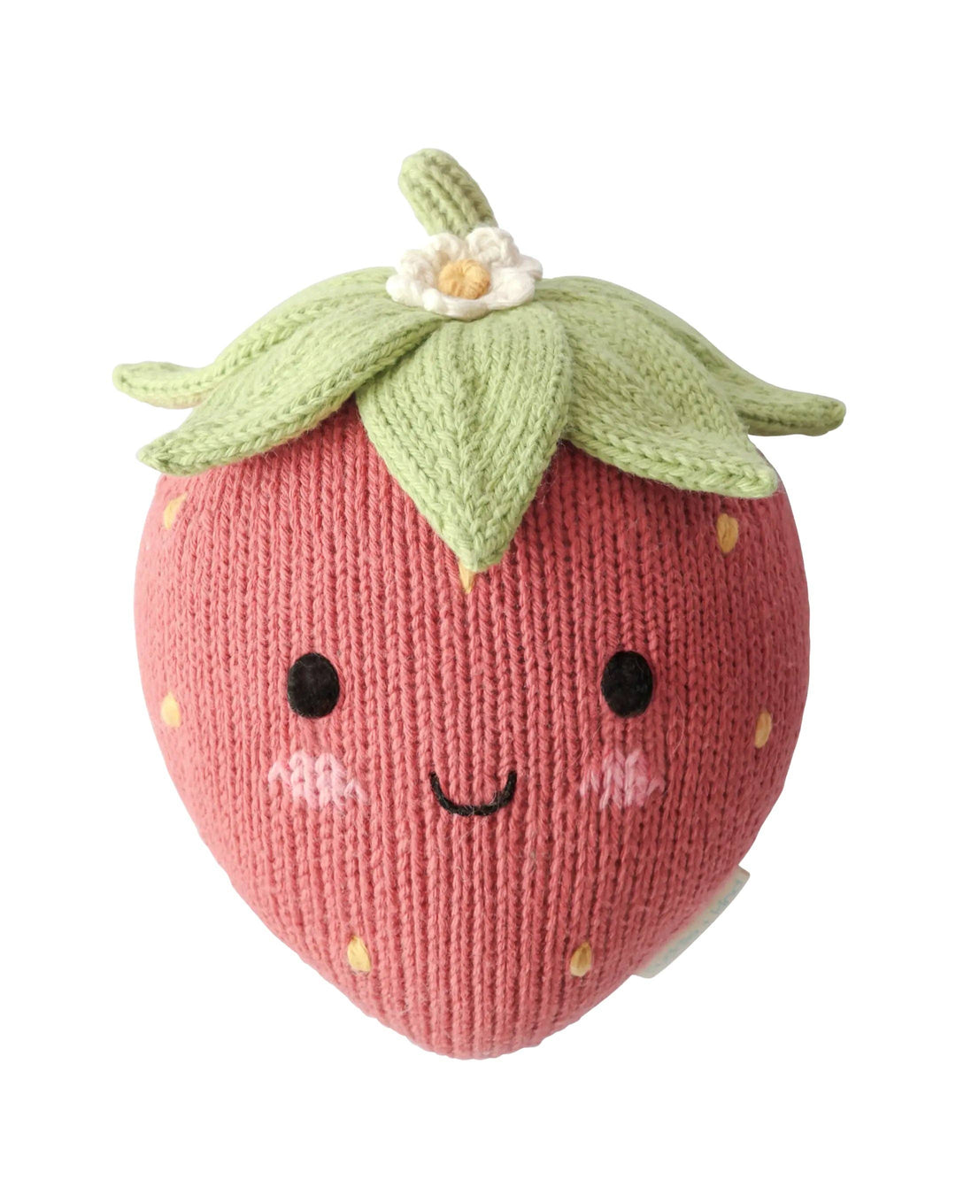 Hand-knit strawberry plush by Cuddle + Kind Baby Strawberry, soft cotton fruit stuffed toy for baby
