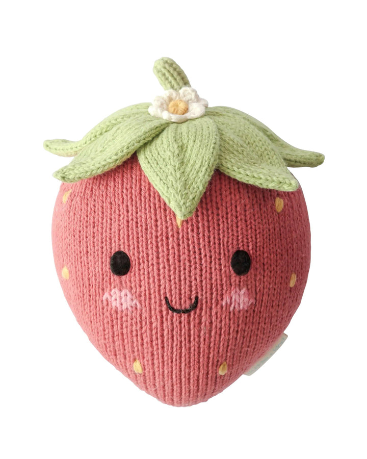 Hand-knit strawberry plush by Cuddle + Kind Baby Strawberry, soft cotton fruit stuffed toy for baby