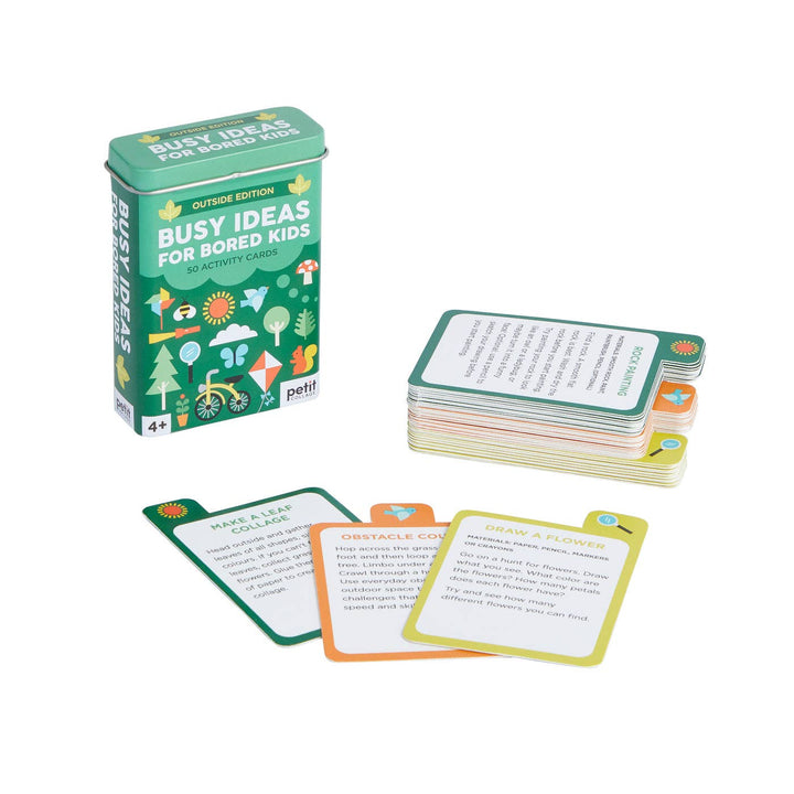 outdoor activity cards spread out showing paint heart and book mood icons from Busy Ideas for Bored Kids tin