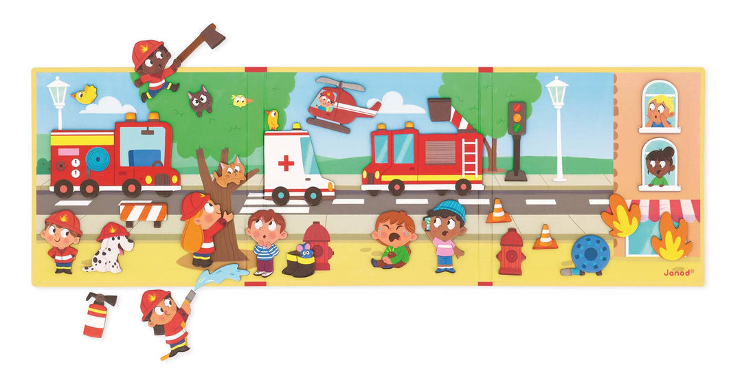 Janod Magneti'stories Firefighters Children's puzzle book with colorful illustrations of emergency vehicles 