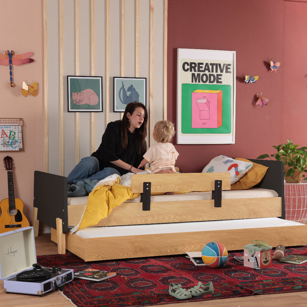 dadada Fun Twin Bed in Graphite + Red Oak, modern low kids bed with removable rails