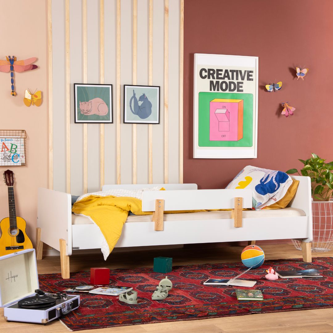 dadada Fun Twin Bed in White + Natural, low kids twin bed with removable safety guardrails