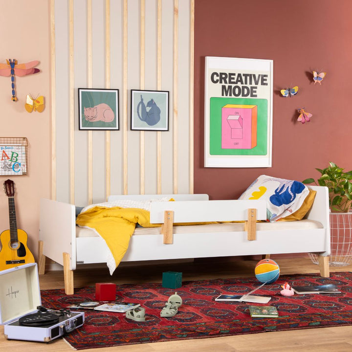 dadada Fun Twin Bed in White + Natural, low kids twin bed with removable safety guardrails