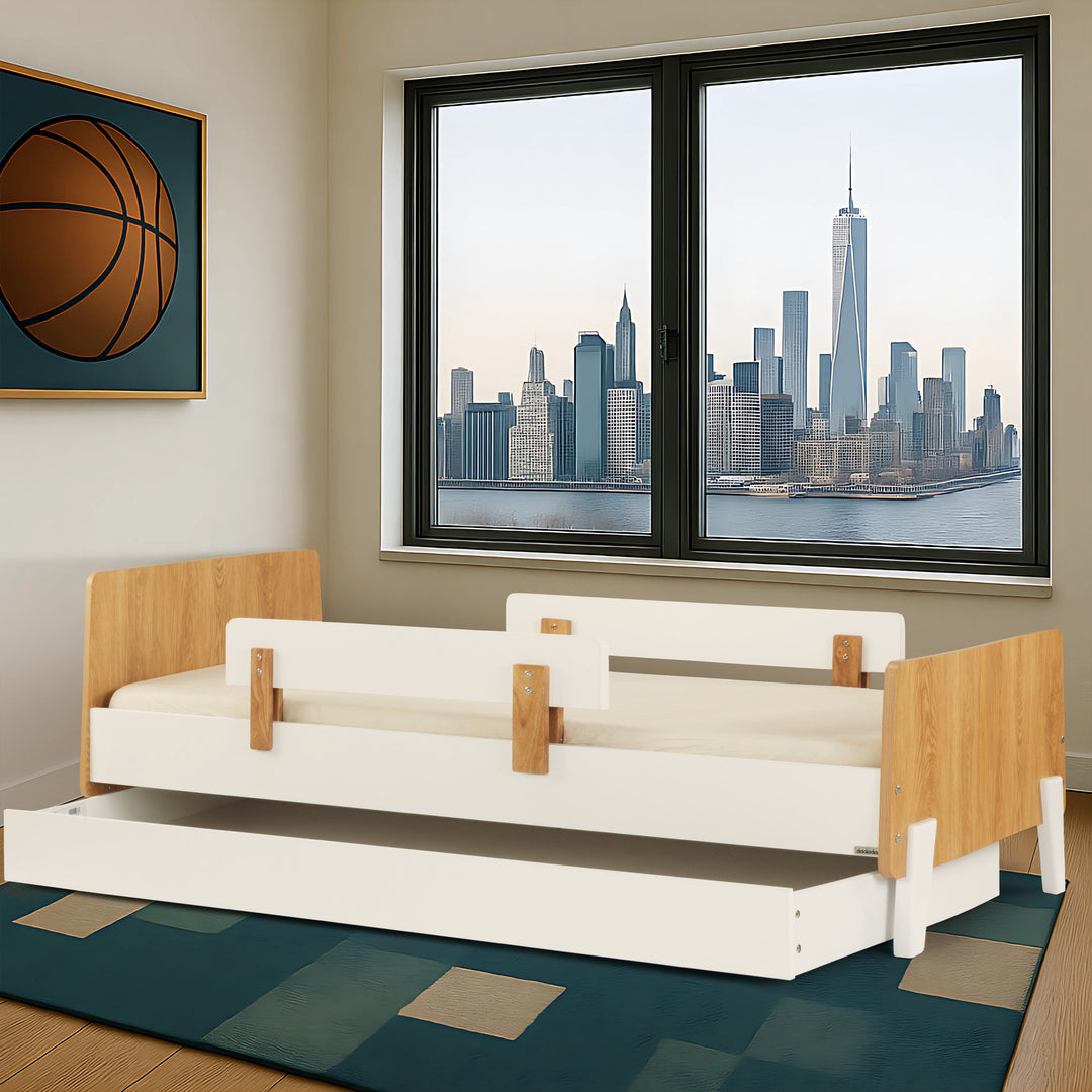 dadada Fun Twin Bed in White + Red Oak, low kids bed with safety rails