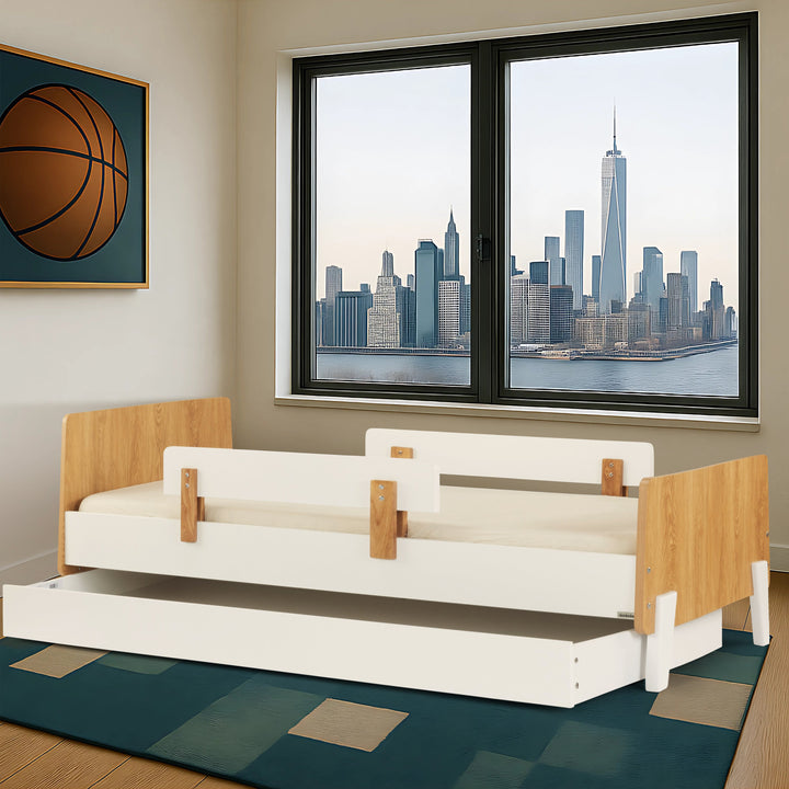 dadada Fun Twin Bed in White + Red Oak, low kids bed with safety rails
