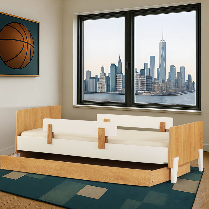 Kids twin bed with guardrails: dadada Fun Bed in White + Red Oak