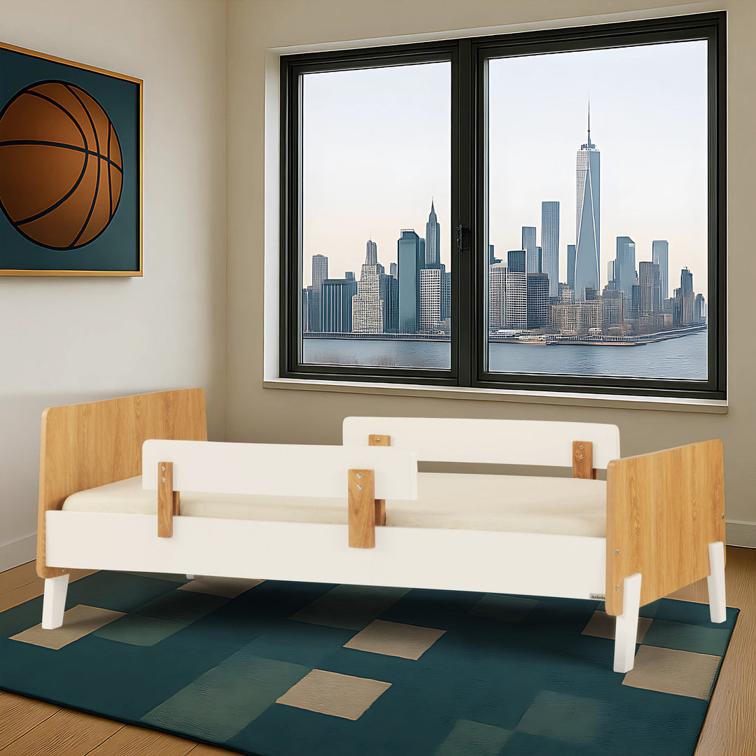 dadada Fun Twin Bed White + Red Oak, low profile for easy climbing in and out