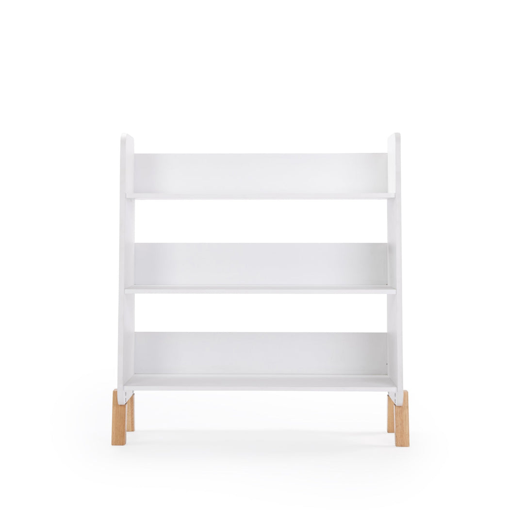 dadada Muse Bookshelf White + Natural, topple-safe kids storage with solid wood legs
