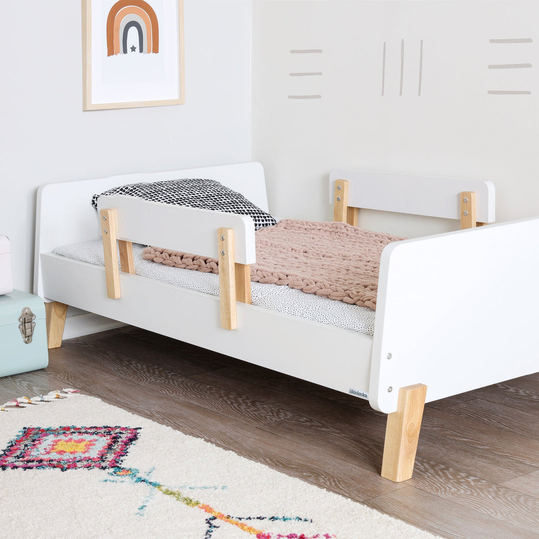 dadada Muse Toddler Bed in White + Natural, low wood toddler bed with removable side rails