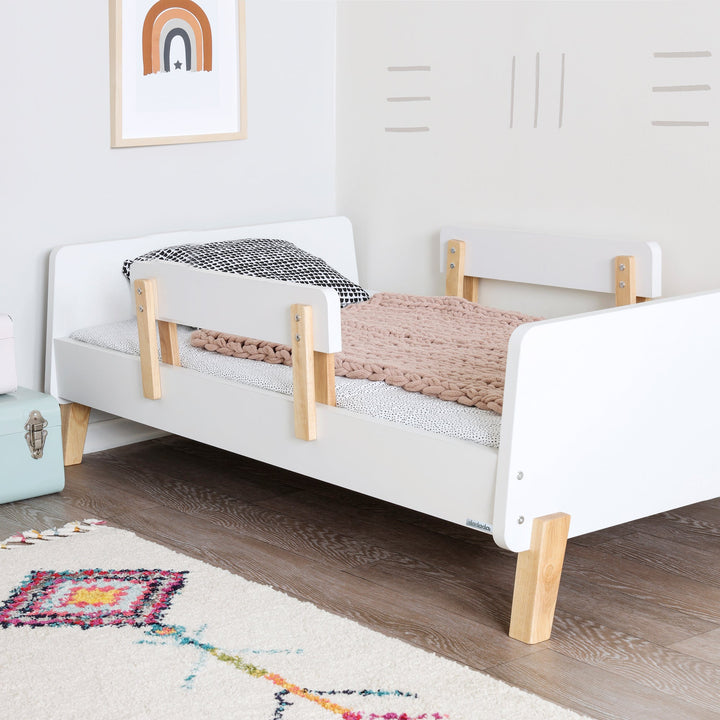 dadada Muse Toddler Bed in White + Natural, low wood toddler bed with removable side rails