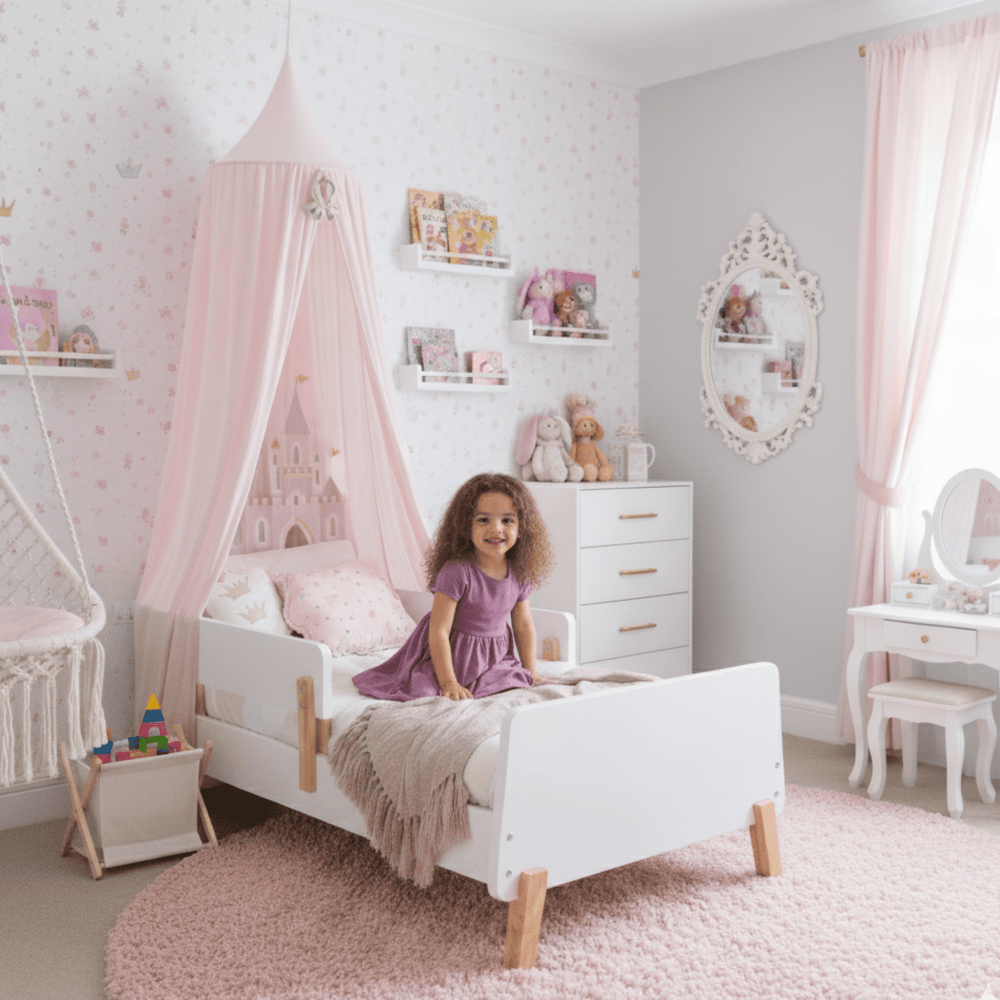 White + Natural Muse toddler bed by dadada with solid rubberwood legs, fits a standard crib mattress