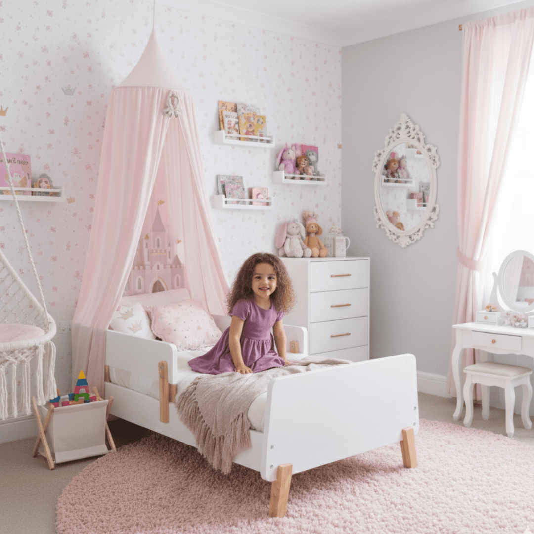 White + Natural Muse toddler bed by dadada with solid rubberwood legs, fits a standard crib mattress